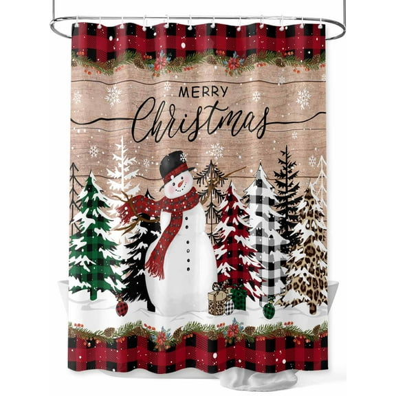 Christmas Shower Curtain Set, Waterproof Shower Curtains for Bathroom, Vintage Red Plaid Tree Xmas Snowman Washable Fabric Cloth Bath Curtain for Bathtub Decoration with Hooks 48x72 Inches