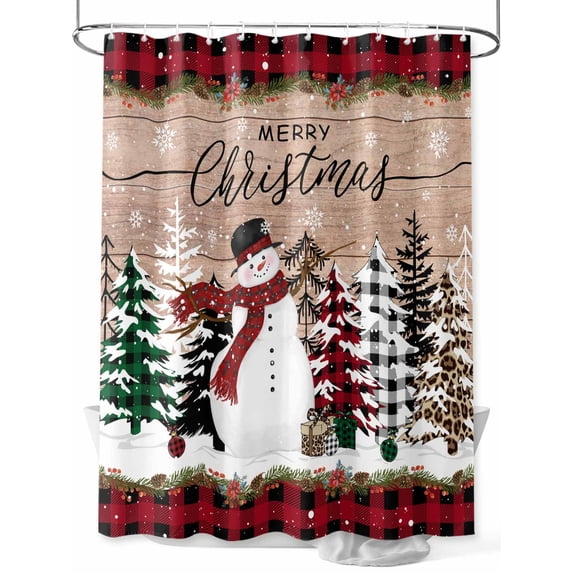 Christmas Shower Curtain Set, Waterproof Shower Curtains for Bathroom, Vintage Red Plaid Tree Xmas Snowman Washable Fabric Cloth Bath Curtain for Bathtub Decoration with Hooks 72x78 Inches