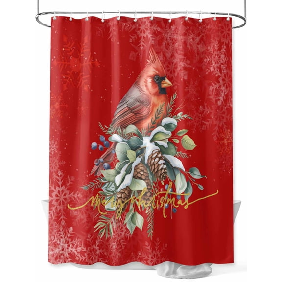 Christmas Shower Curtain Set, Waterproof Shower Curtains for Bathroom, Winter Red Cardinal Pine Cone Branches Berry Washable Fabric Cloth Bath Curtain for Bathtub Decoration with Hooks 48x72 Inches