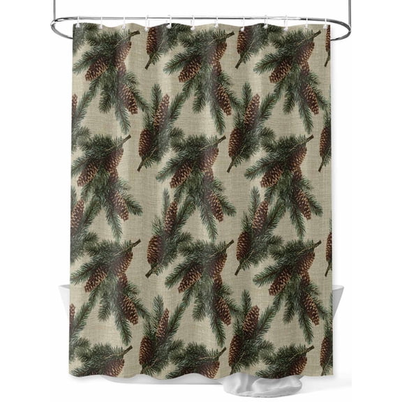 Christmas Shower Curtain Set, Waterproof Shower Curtains for Bathroom, Xmas Pine Cones Botanical Rustic Washable Fabric Cloth Bath Curtain for Bathtub Decoration with Hooks 48x72 Inches