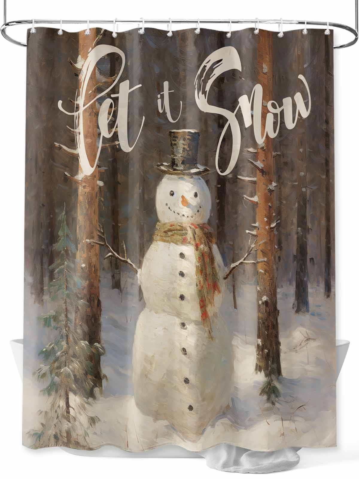 Christmas Shower Curtain Set, Waterproof Shower Curtains for Bathroom, Xmas Tree Snowman Let Snow Oil Painting Washable Fabric Cloth Bath Curtain for Bathtub Decoration with Hooks 72x78 Inches