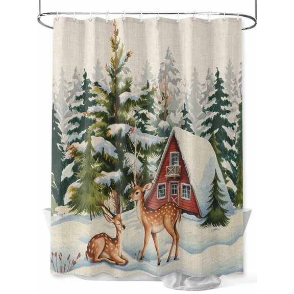 Christmas Shower Curtain Set, Waterproof Shower Curtains for Bathroom, Xmas Winter Vintage Forest Tree Deer Snowflakes Washable Fabric Cloth Bath Curtain for Bathtub with Hooks 60x72 Inches