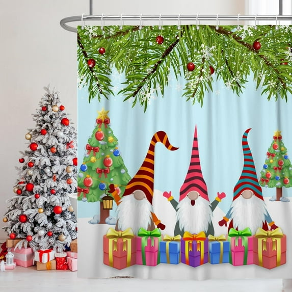 Christmas Shower Curtain Set with Hooks Gnomes Shower Curtain for Bathroom 72x84inches Green X-mas Trees Waterproof Fabric Shower Curtains