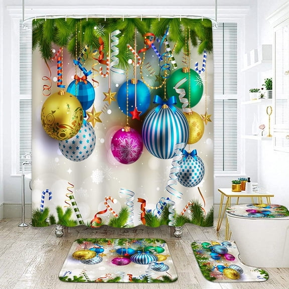 Christmas Shower Curtain Sets 4 Pcs , Non-Slip Rug, Bath Mat and Toilet Lid Cover, Gnomes Bathroom Decor with 12 Hooks