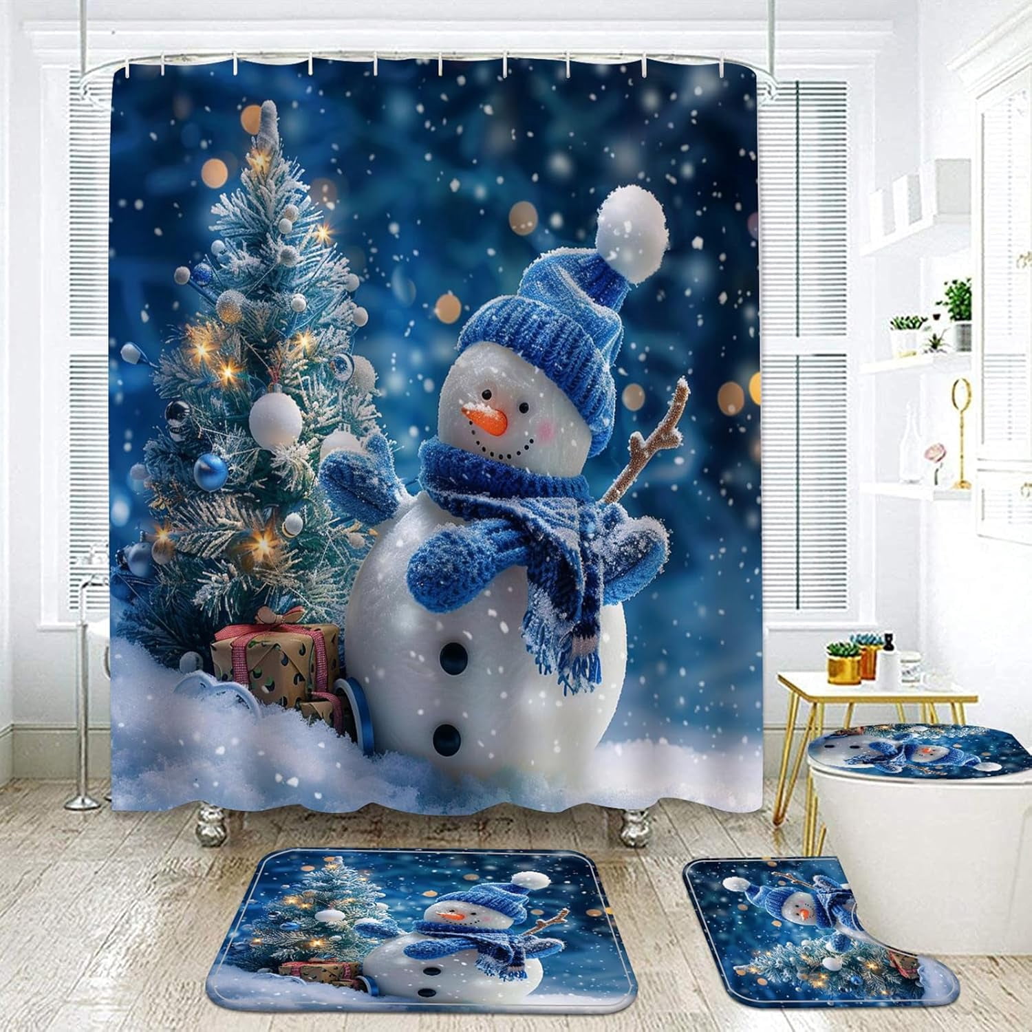 Christmas Shower Curtain Sets Bathroom Decorations Sets, 4 PCS Cute Snowman Xmas Holiday Bath Decor with Toilet Seat Cover Rugs Mats and Hooks, Santa Theme Tub Room Décor (N1)