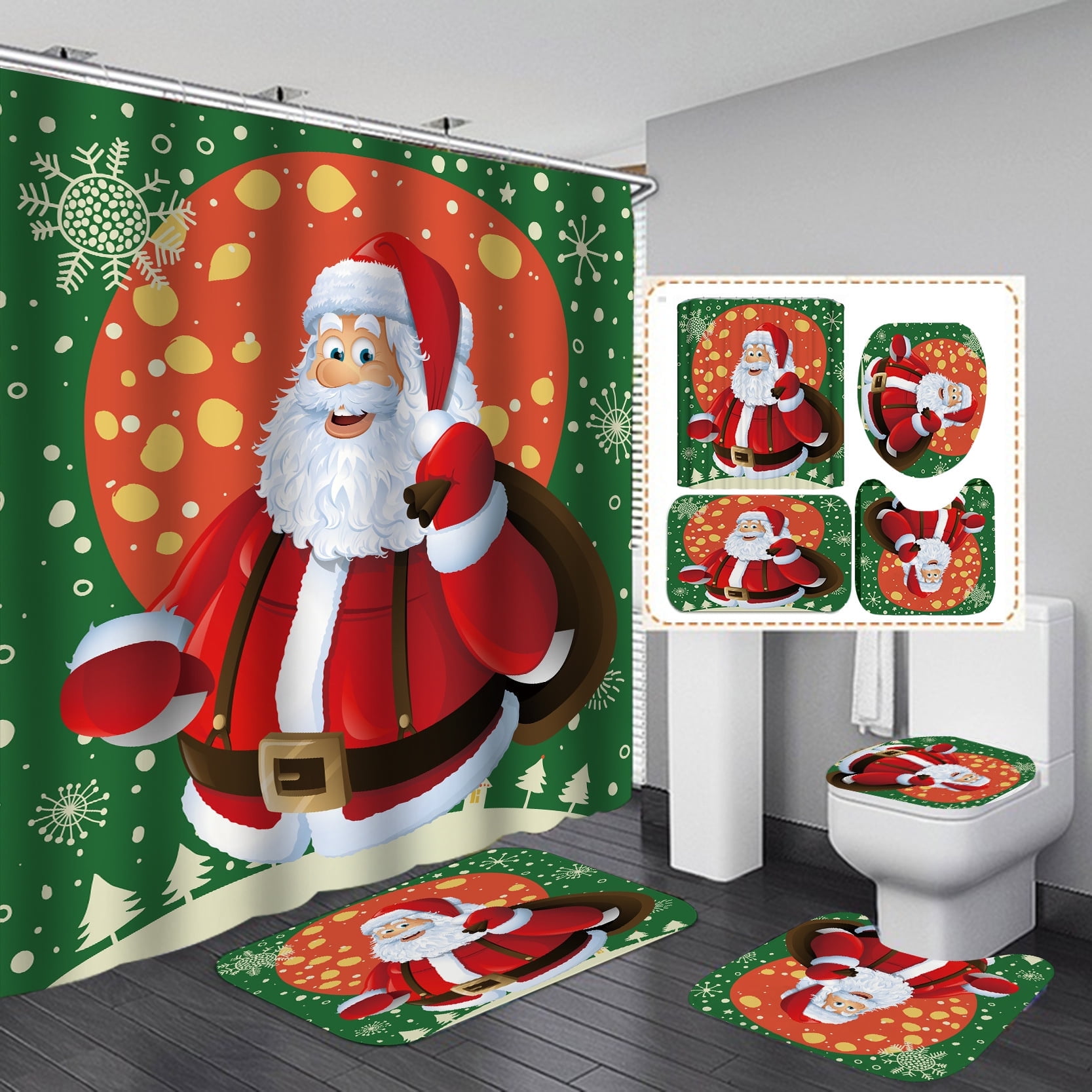 Christmas Shower Curtain Sets with NonSlip Rugs Toilet Lid Cover and