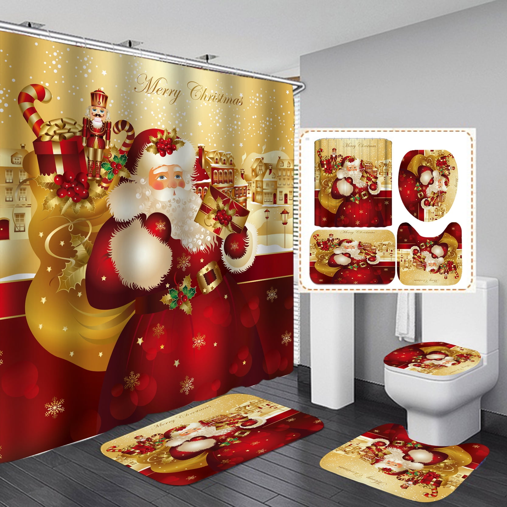 Christmas Shower Curtain Sets with Rugs, Winter Holiday Xmas Snowman