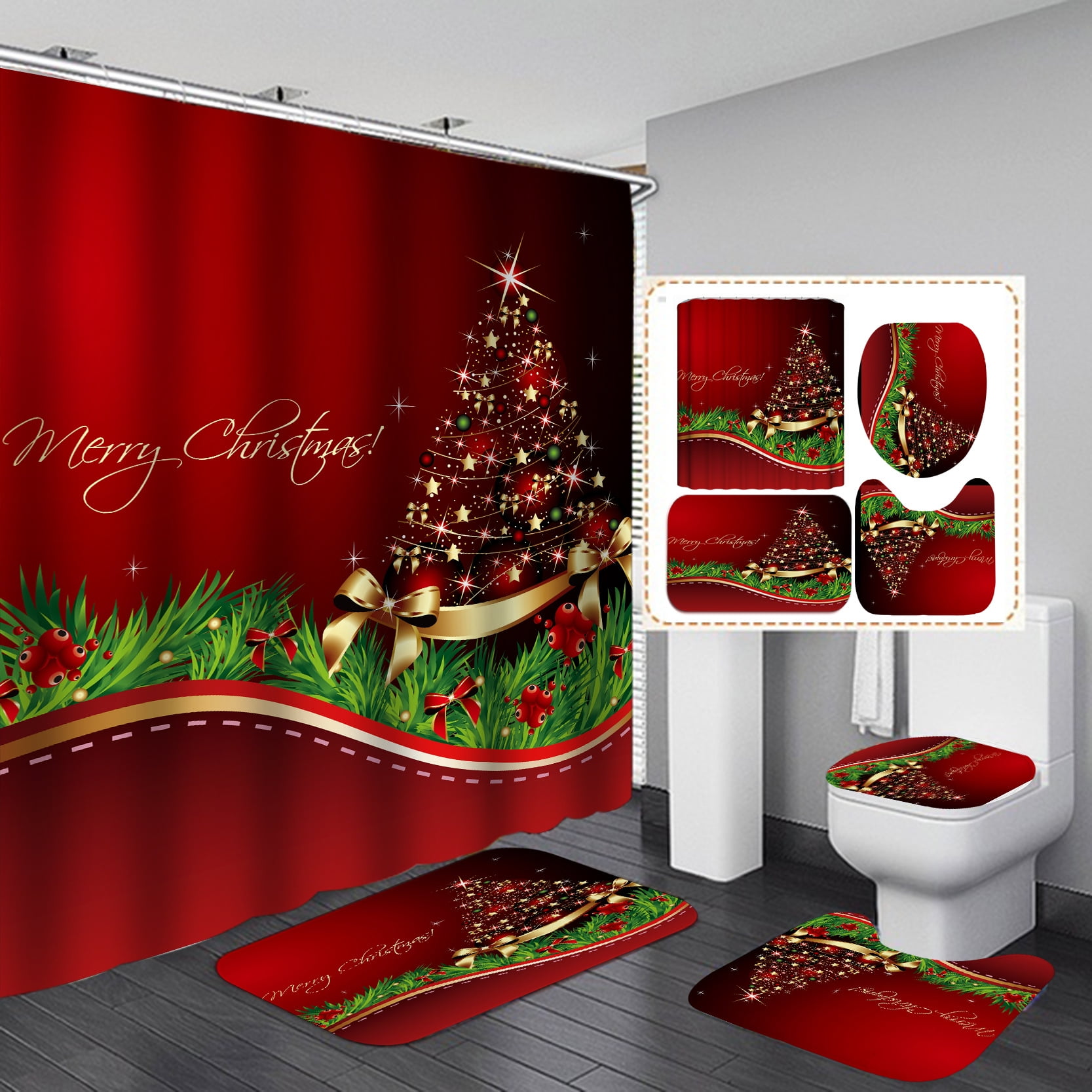 Christmas Shower Curtain Sets With NonSlip Rugs Toilet Lid Cover And