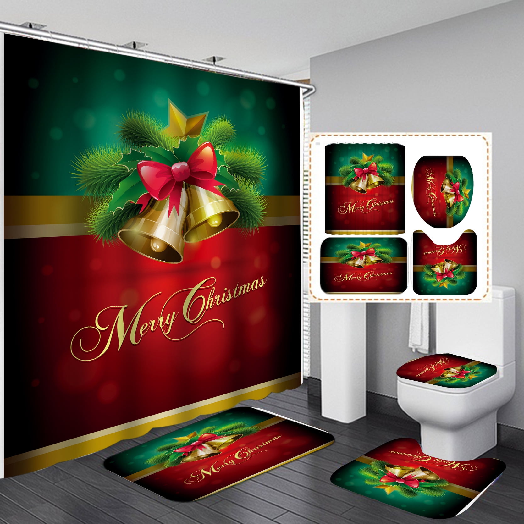 Christmas Shower Curtain Sets With NonSlip Rugs Toilet Lid Cover And