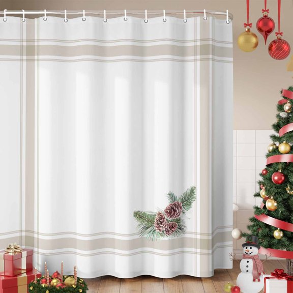 Christmas Shower Curtain, Simple Winter Xmas Pine Cone Branches Striped Waterproof Fabric Shower Curtains with 12 Hooks, Bathroom Curtain Set for Bathroom Accessories Decor, 36 x 72 Inches