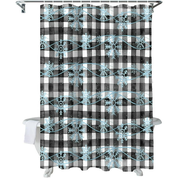 Christmas Shower Curtain Snowflake Black Plaid Shower Curtains for Bathroom Decor Snow Winter Christmas Decoration Bath Curtains Sets with Hooks Waterproof, 72x72 in
