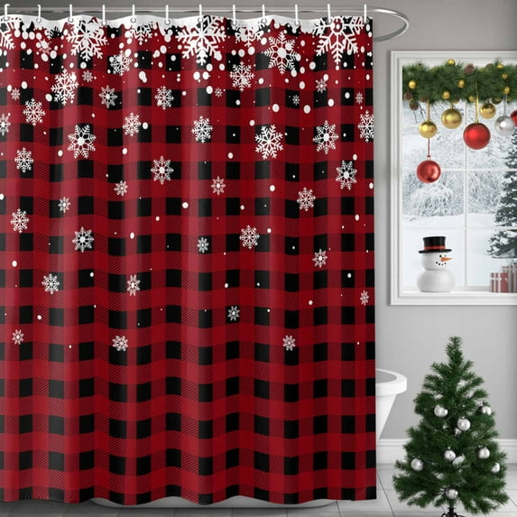 Christmas Shower Curtain Snowflake Buffalo Plaid Shower Curtains for Bathroom Winter Holiday Xmas Decor, Waterproof Polyester Shower Curtain Set with Hooks, Small Stall Long 36" x 72" Snow Winter