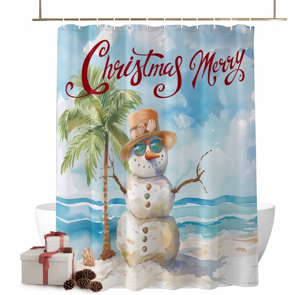 Christmas Shower Curtain Snowman Beach Palm Tree Bathroom Curtains with Hooks, Waterproof Fabric Winter Vacation Holiday Bath Shower Curtains Set for Bathroom Bathtubs Xmas Decor 72x72 Inch
