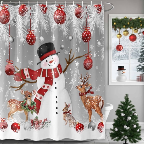 Christmas Shower Curtain Snowman Christmas Balls Shower Curtains for Bathroom Winter Xmas Decor, Waterproof Polyester Shower Curtain Set with Hooks Stall Long 54"x78" Silver Pine Tree Branch Deer