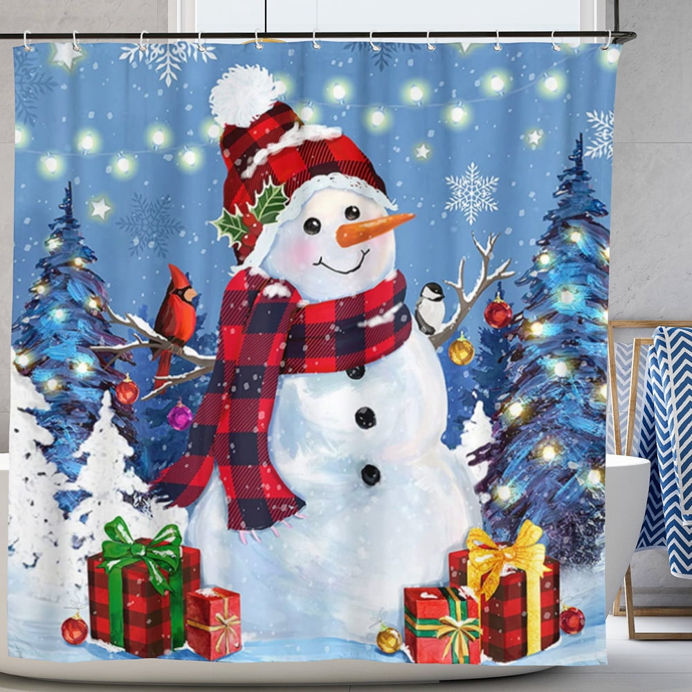 Xmas Theme Snowman Christmas Tree Shower Curtain Set, Waterproof