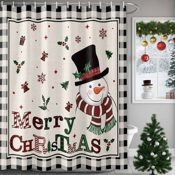 Christmas Shower Curtain Snowman Pine Tree Berry Shower Curtains for Bathroom Winter Holiday Xmas Decor, Waterproof Polyester Shower Curtain Set with Hooks, 72" x 72" Black Buffalo Plaid