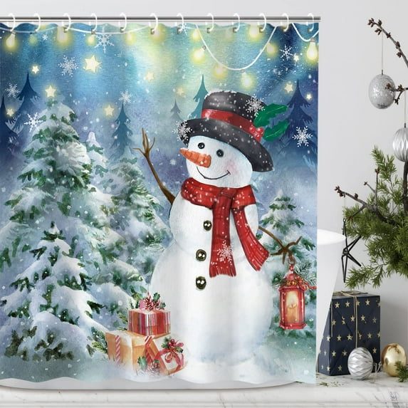 Christmas Shower Curtain, Snowman Shower Curtains Set with 12 Hooks, Holiday Snow Shower Curtains for Bathroom, Winter Merry Christmas Bathroom Decor, 72" W x 72" H