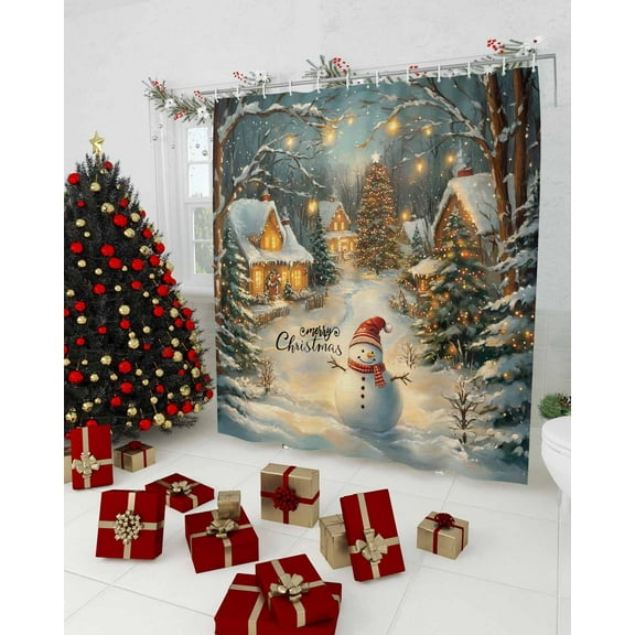 Christmas Shower Curtain, Snowman Snowflake Xmas Farmhouse Waterproof Washable Boho Funny Cute Shower Curtains Set for Bathroom Farmhouse Bathtubs Decor with Hook, 36"Wx72"L