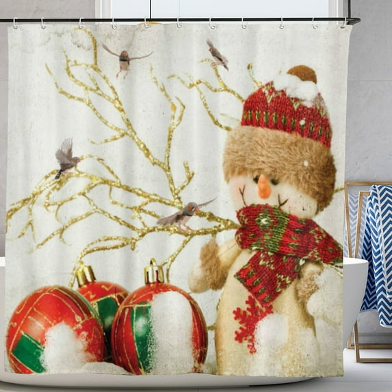 Christmas Shower Curtain Snowman with Hat Colorful Jolly Holiday Theme Illustration Bathroom Decor with Hooks 72"x72"