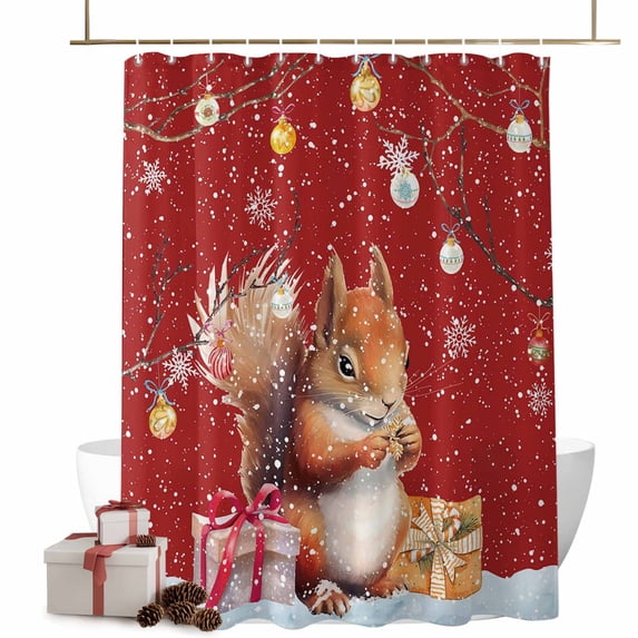 Christmas Shower Curtain Squirrel Xmas Ball Branch Bathroom Curtains with Hooks, Waterproof Fabric Snowflake Red Bath Shower Curtains Set for Bathroom Bathtubs Xmas Decor 72x72 Inch