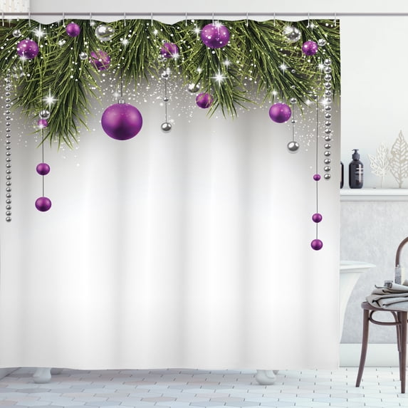 Christmas Shower Curtain, Tree with Tinsel and Ball with Present Wrap Ribbon Celebration Picture, Fabric Bathroom Set with Hooks, 69W X 70L Inches, Purple Grey Green, by Ambesonne