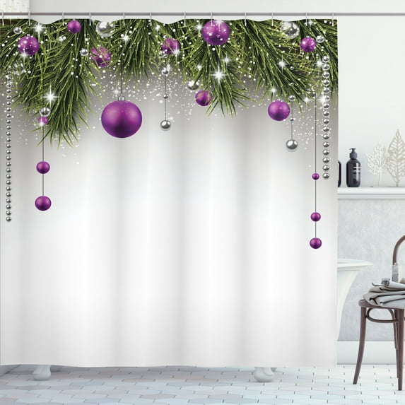 Christmas Shower Curtain, Tree with Tinsel and Ball with Present Wrap Ribbon Celebration Picture, Fabric Bathroom Set with Hooks, 69W X 75L Inches Long, Purple Grey Green, by Ambesonne