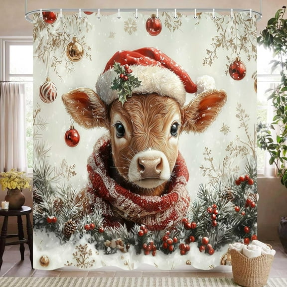 Christmas Shower Curtain, Vintage Christmas Highland Cow Shower Curtains for Bathroom, Winter Holiday Xmas Snowflake Rustic Farmhouse Bathroom Decor, 72X72in