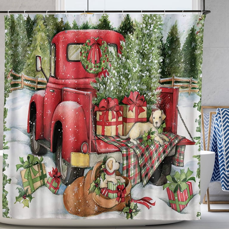 Joocar Merry Christmas Shower Curtains For Bathroom, Red Truck & Gnomes & Snowman Winter Waterproof Fabric Shower Curtain, Farmhouse Shower Curtain