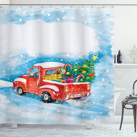 Ambesonne Christmas Shower Curtain, Truck Winter Scenery, 69"Wx70"L, Blue White Red