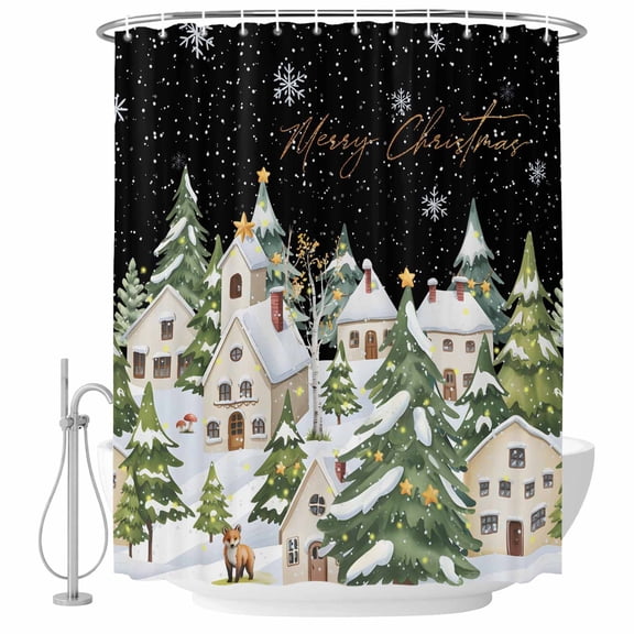 Christmas Shower Curtain - Water Repellent Fabric Shower Curtains Washable, Winter Xmas Trees Snowflakes Country Cabin Black Decorative Polyester Cloth Bathroom Curtains Modern Bath Decor 36"x72"