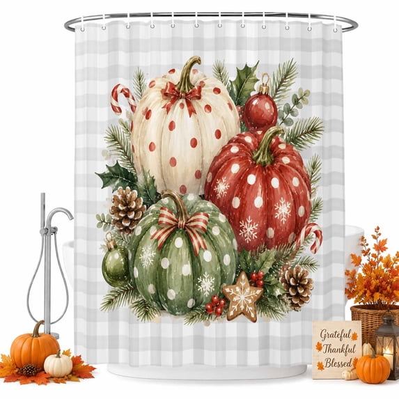 Christmas Shower Curtain, Waterproof Shower Curtains for Bathroom, Winter Xmas Red Green Pumpkin Pine Needle Check Washable Fabric Bathtub Curtain Set Bath Decor with 12 Hooks Stall 36"x72"