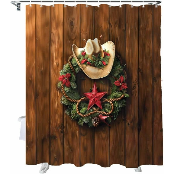 Christmas Shower Curtain Western Texas Star Christmas Wreath Shower Curtains for Bathroom Decor Cowboy Hat Christmas Decoration Bath Curtains Sets with Hooks Waterproof, 84x72 in