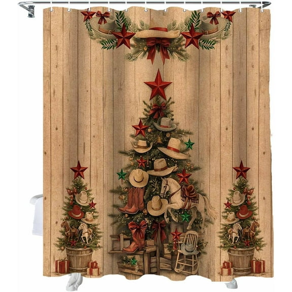 Christmas Shower Curtain Western Texas Star Shower Curtains for Bathroom Decor Cowboy Hat Boots Christmas Tree Christmas Decoration Bath Curtains Sets with Hooks Waterproof, 84x72 in