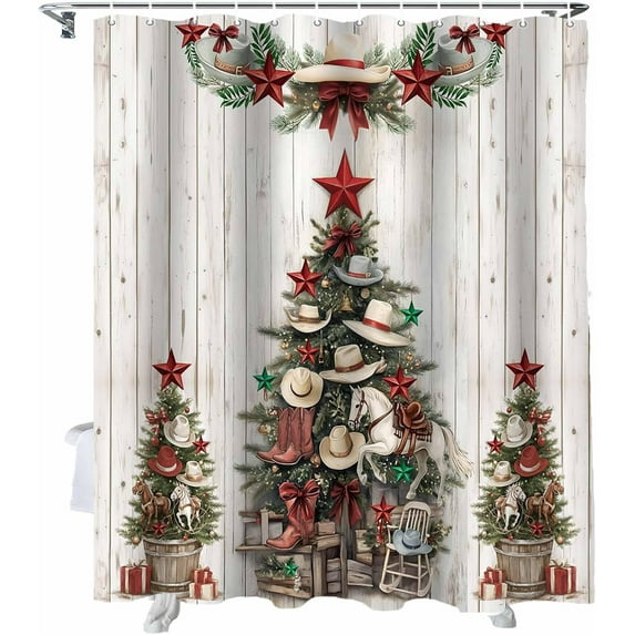 Christmas Shower Curtain Western Texas Star Shower Curtains for Bathroom Decor Cowboy Hat Boots XmasTree Christmas Decoration Bath Curtains Sets with Hooks Waterproof, 72x72 in