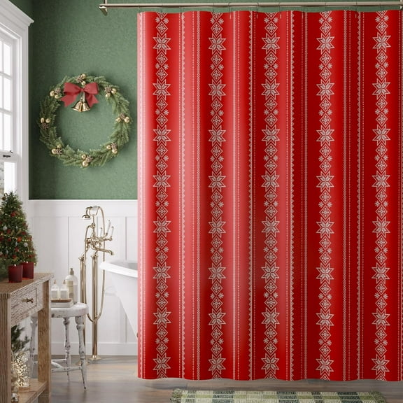 Christmas Shower Curtain White Snowflake on Red Shower Curtains for Bathroom Waterproof Fabric Winter Shower Curtain Happy New Year Xmas Decor Shower Curtain Set 72x72 Inches with Hooks