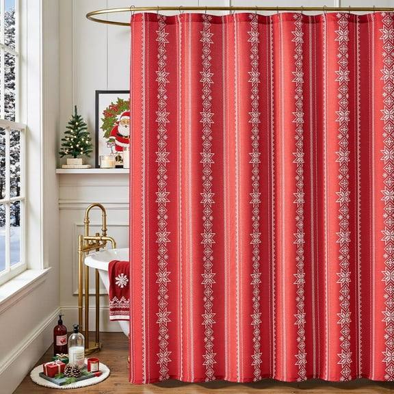 Christmas Shower Curtain White Snowflake on Red Xmas Holiday Shower Curtains with 12 Plastic Hooks for Bathroom Winter Waterproof Bath Decor Set, 66x72 Inches