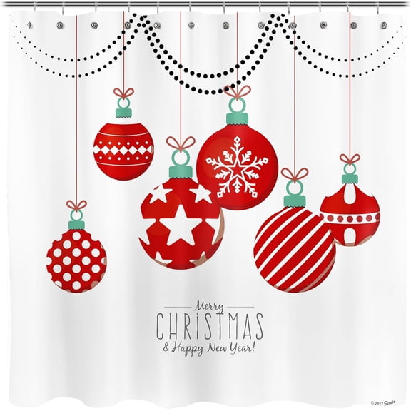 Christmas Shower Curtain White and Red Star Ornaments and Snowflake Christmas Ball Holiday Decorations Festive Bathroom Curtain Home Decor Tapestry