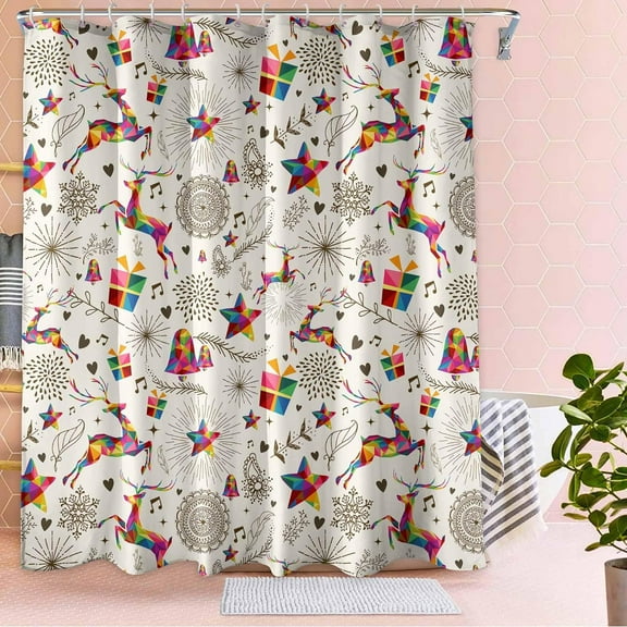 Christmas Shower Curtain Winter Colourful Gift Elk Snowflake Shower Curtains 72x72 Inch Xmas Christmas Holiday Bathroom Bath Rustic Farmhouse Decor Waterproof Weighted, Sets with 12 Hooks