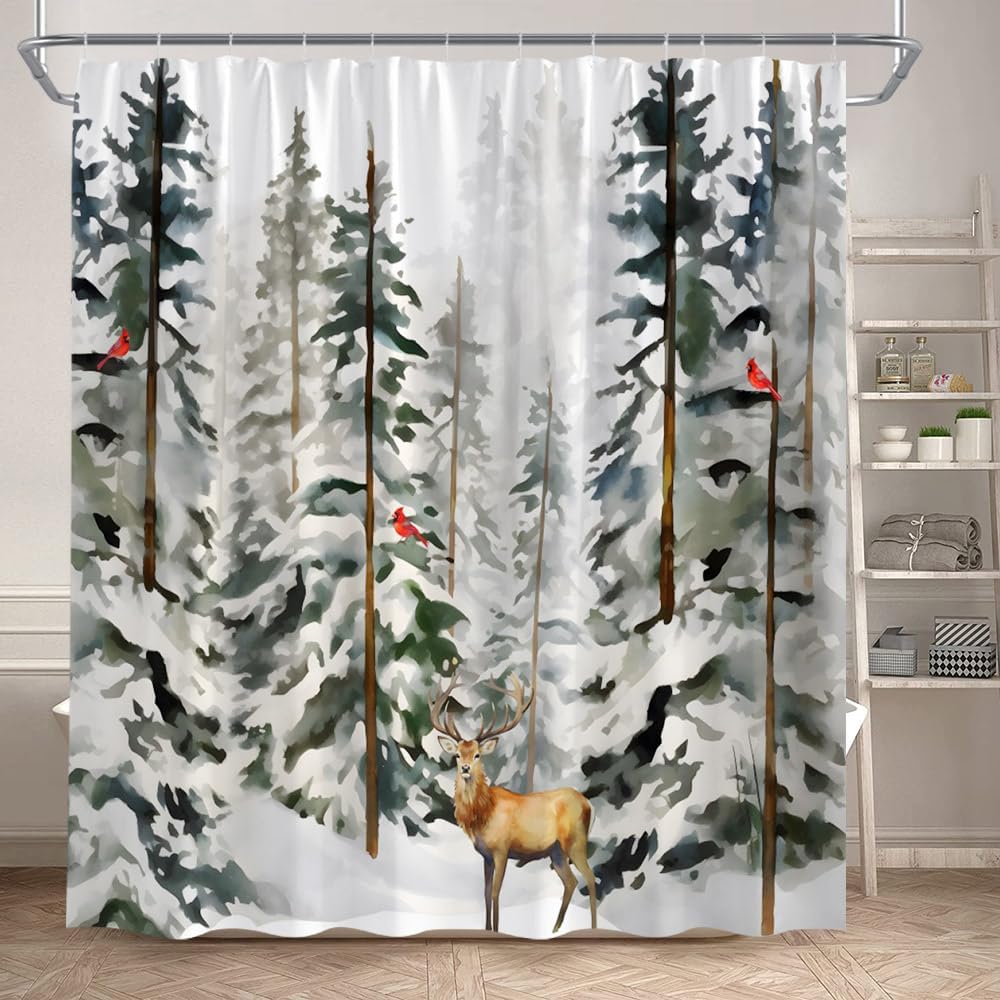Christmas Shower Curtain Winter Forest Deer Pine Tree Red Bird Xmas