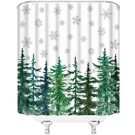 Christmas Shower Curtain Winter Forest Snow Snowflake Watercolor Tree Pine Merry Xmas Nature Spruce Rustic Fabric Bathroom Decor Curtains with Hooks,Green Gray White