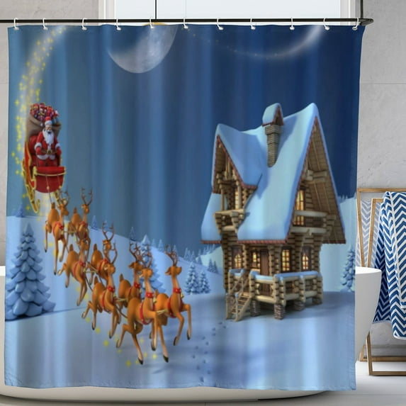 Christmas Shower Curtain Winter Holiday Merry Christmas Bath Curtain Cute Deer Santa Claus Bathroom Decor with 12 Hooks 72x72in