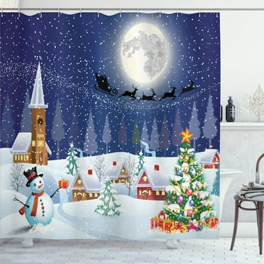 Christmas Shower Curtain, Winter Season Snowman Xmas Tree Santa Sleigh Moon Present Boxes Snow and Stars, Fabric Bathroom Set with Hooks, 69W X 70L Inches, Blue White, by Ambesonne