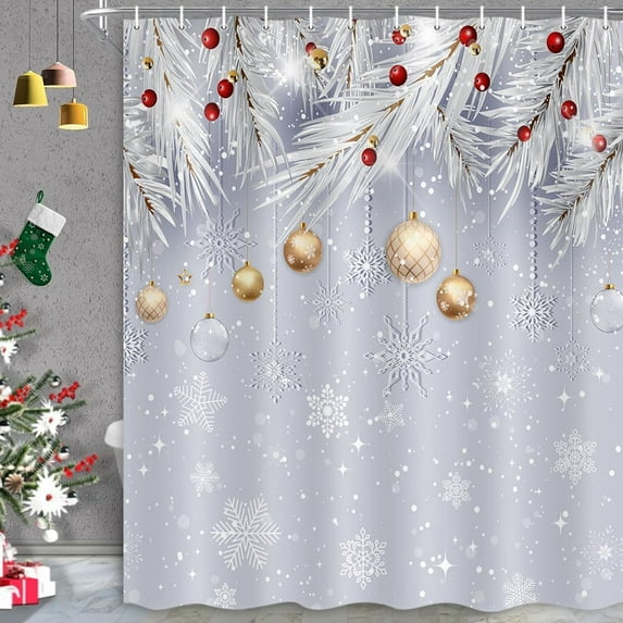 Christmas Shower Curtain, Winter Snowflake Decoration Fabric Waterproof Shower Curtain Set with Hooks, Winter Holiday Bathroom Decor Bath Curtain, 72X72in