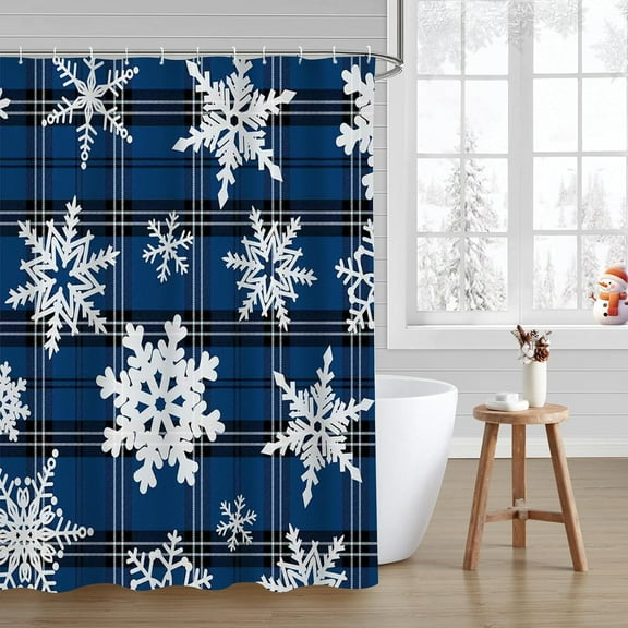 Christmas Shower Curtain Winter Snowflake Shower Curtains for Bathroom Blue Buffalo Plaid Bathroom Decor Washable Durable Fabric Shower Curtains 72x72 inch