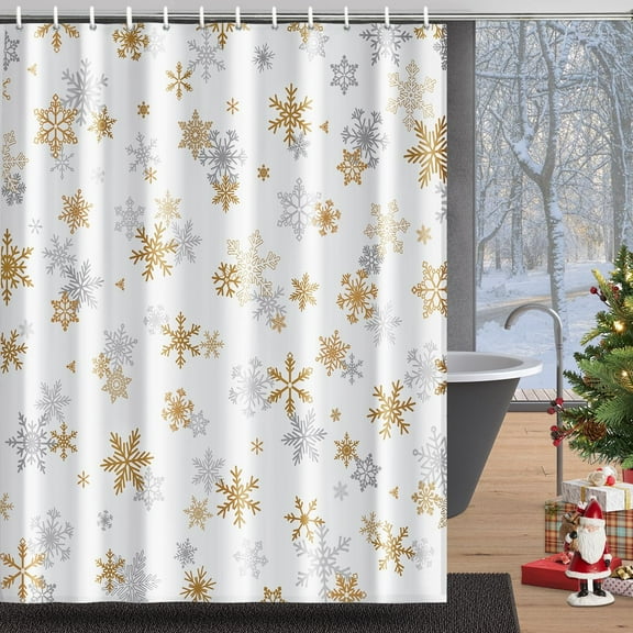 Christmas Shower Curtain Winter Snowflakes Shower Curtains Golden Grey Snowflakes Bathroom Curtain Waterproof Washable Xmas Holiday Shower Curtain for Bathroom Decor
