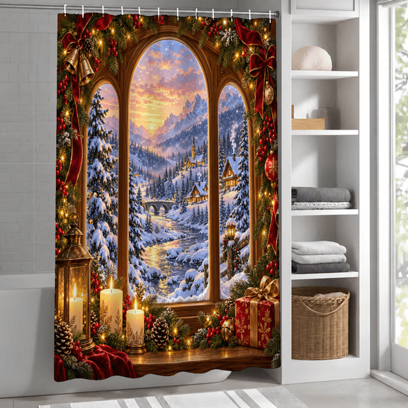 Christmas Shower Curtain Winter Snowy Mountain Sunset Window Scene 72 x 72 Inch