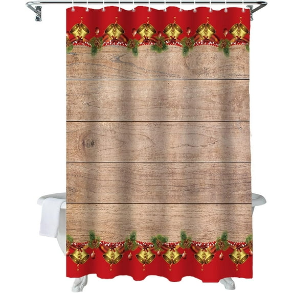 Christmas Shower Curtain Wood Grain Shower Curtains for Bathroom Decor Pine Cones Holly Leaf Golden Bell Christmas Decoration Bath Curtains Sets with Hooks Waterproof, 36x72 in
