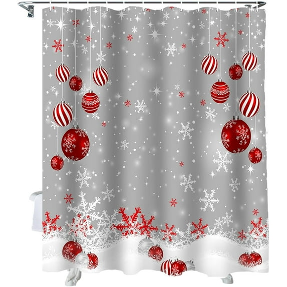 Christmas Shower Curtain Xmas Ball Snowflake Snow Shower Curtains for Bathroom Decor Grey Christmas Decoration Bath Curtains Sets with Hooks Waterproof, 36x72 in