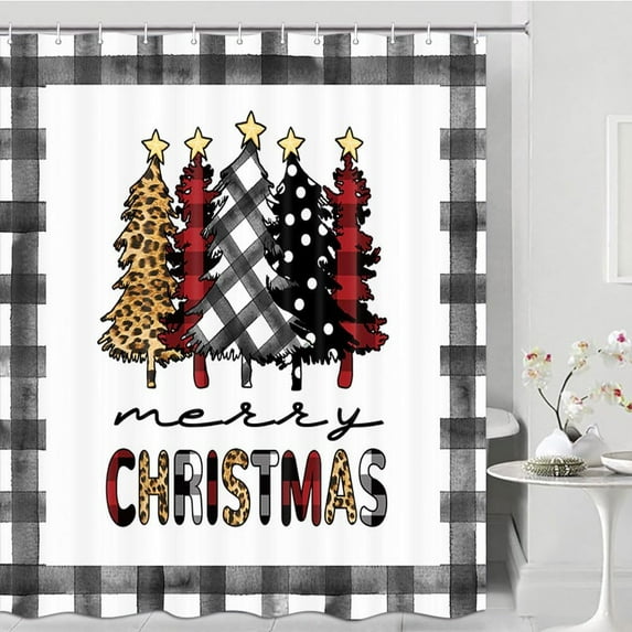 Christmas Shower Curtain, Xmas Buffalo Plaid Black and White Watercolor Print Reatroom Curtain, Merry Christmas Tree Rustic Farmhouse Winter Waterproof Bathroom Shower Curtain with Hook, 72X72in