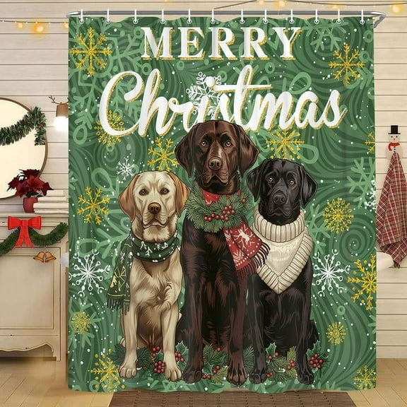 Christmas Shower Curtain, Xmas Dog Shower Curtain, Green Gold Standard Shower Curtain for Bathroom Decor, Emerald Green Merry Christmas Xmas Cute Fabric Shower Curtain, 66x72IN